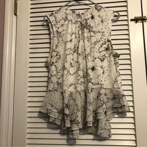 Lucky Brand White Cotton Black Print Front Snap Double Polyester Ruffle L